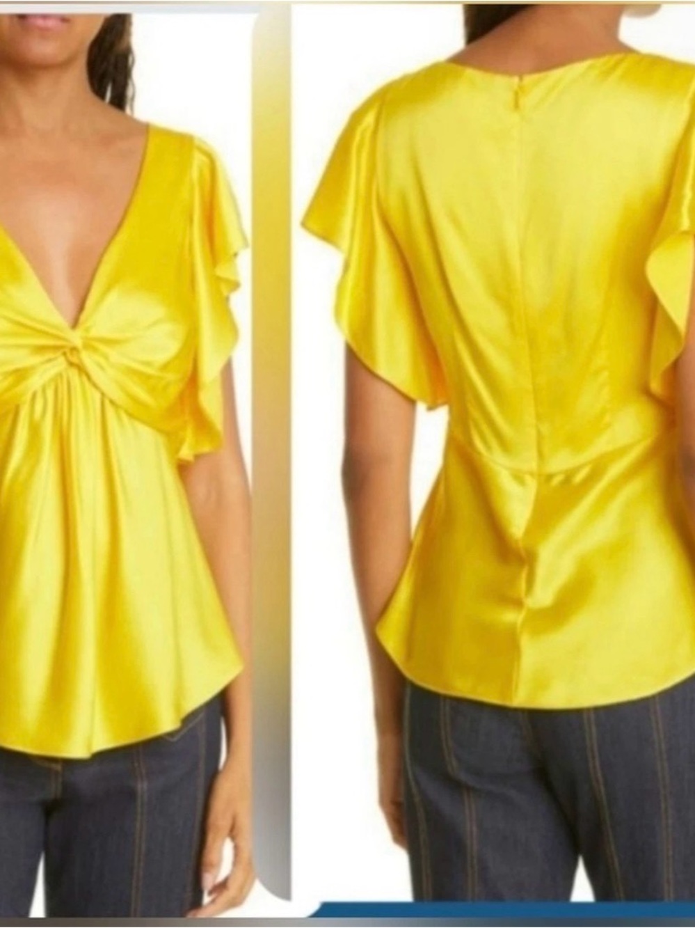 cinq a sept Womens Size Small Yellow Flutter Sleeves Front Twist Silk Blouse 379